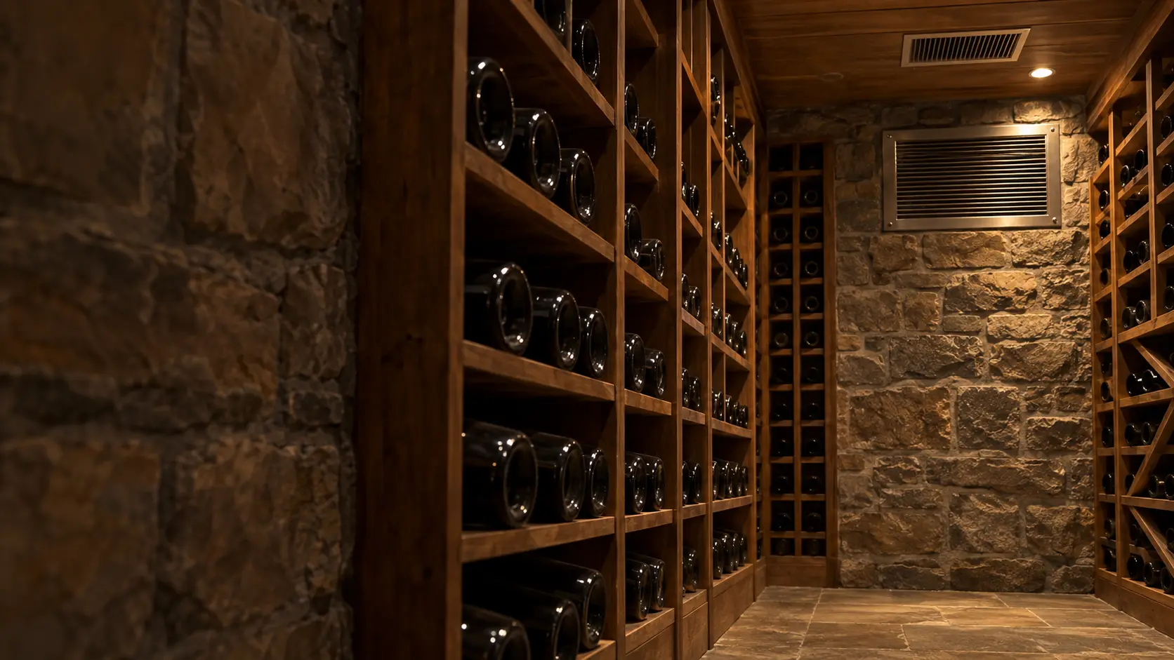 A wine cellar with a ceiling supply grille and stone walls, seen close and low along the racks.