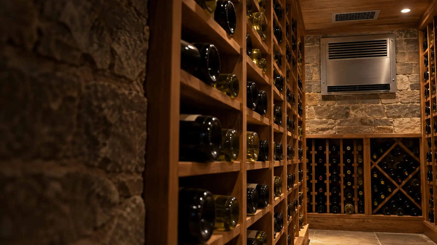 A wine cellar with a ceiling supply grille and stone walls, seen close and low along the racks.