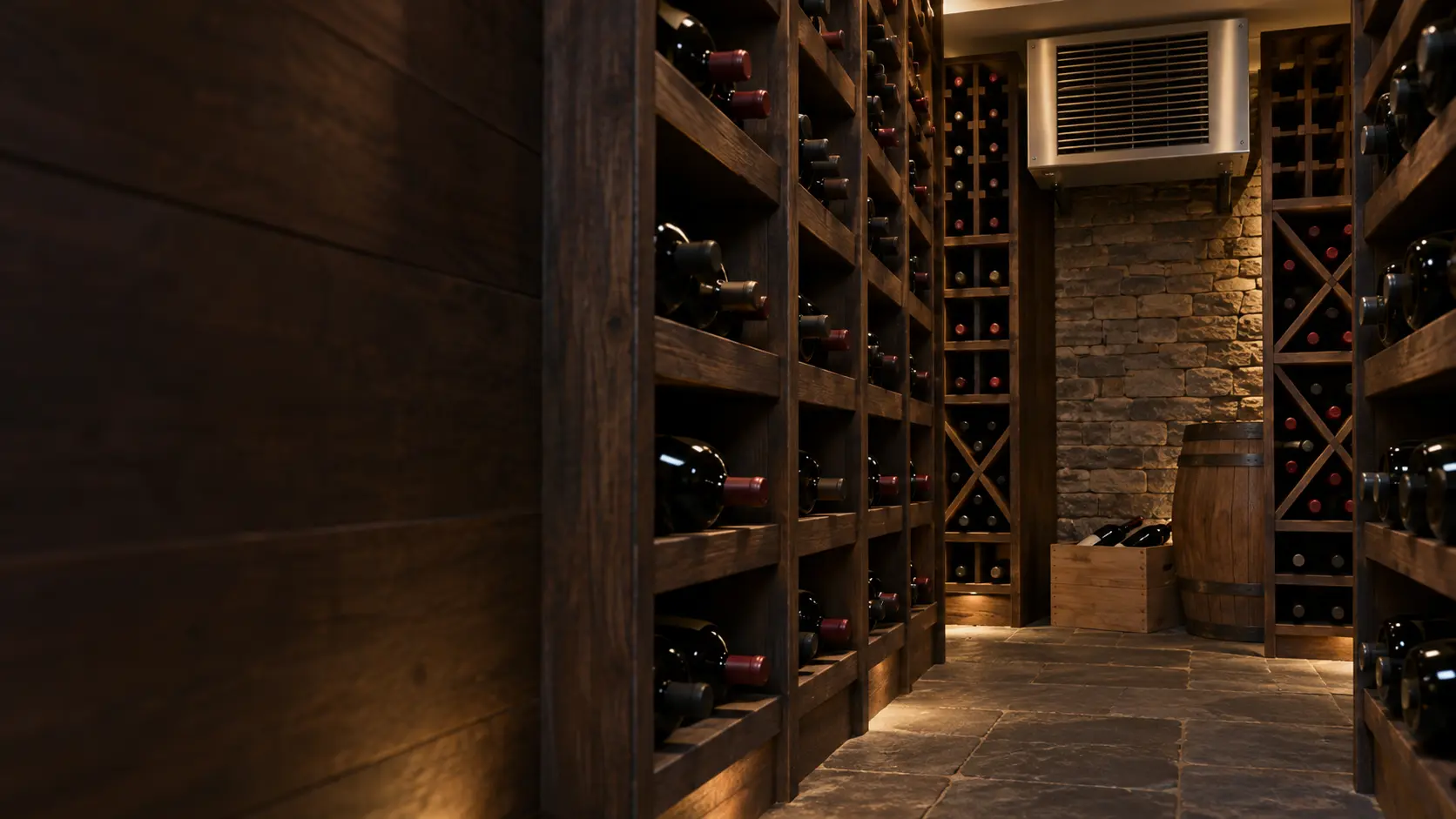 A wine cellar with a wall-mounted evaporator and dark wood paneling, seen close and low along the racks.