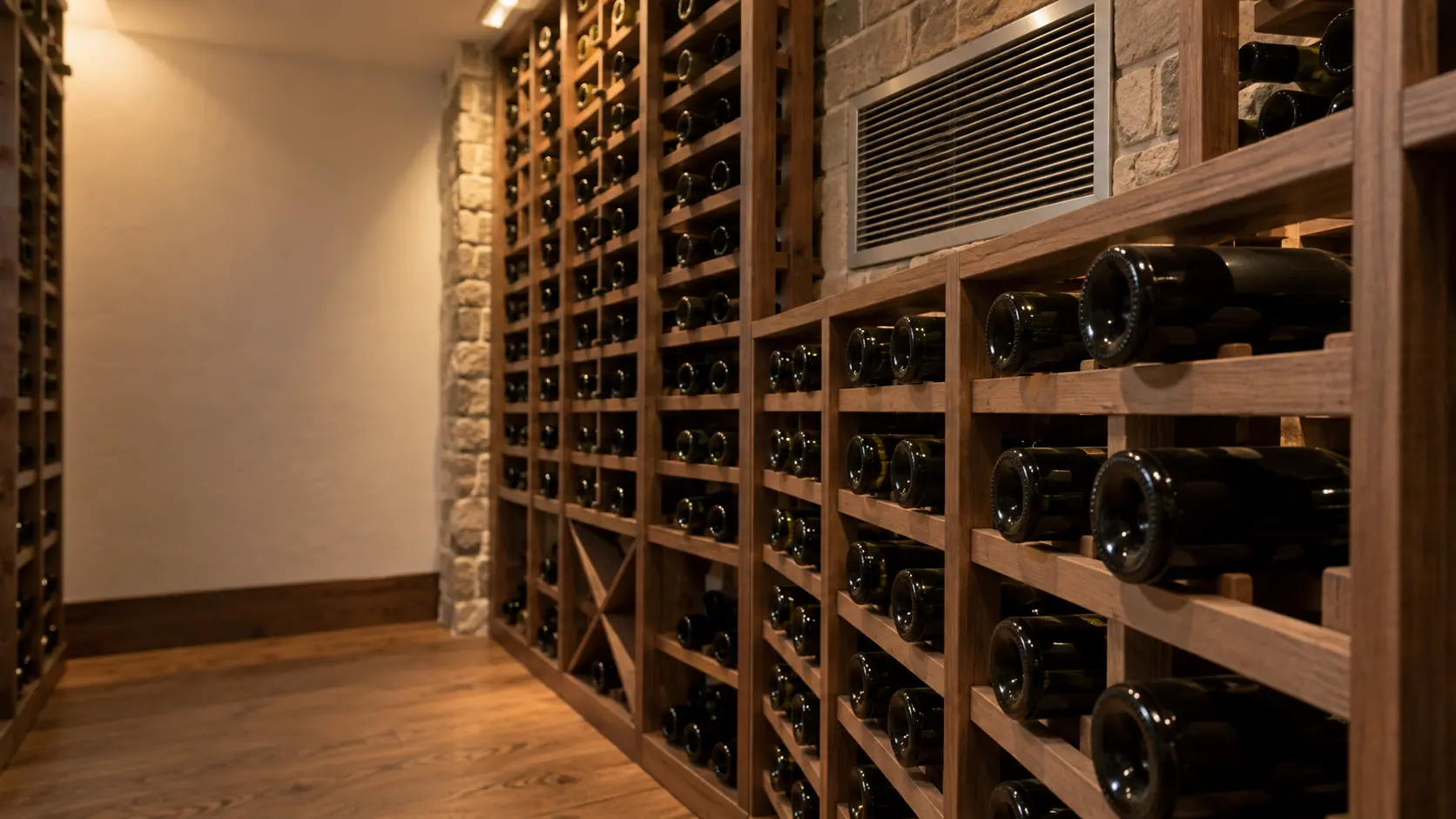 A wine cellar with a through-wall cooling unit and white plaster walls, seen close and low along the racks.