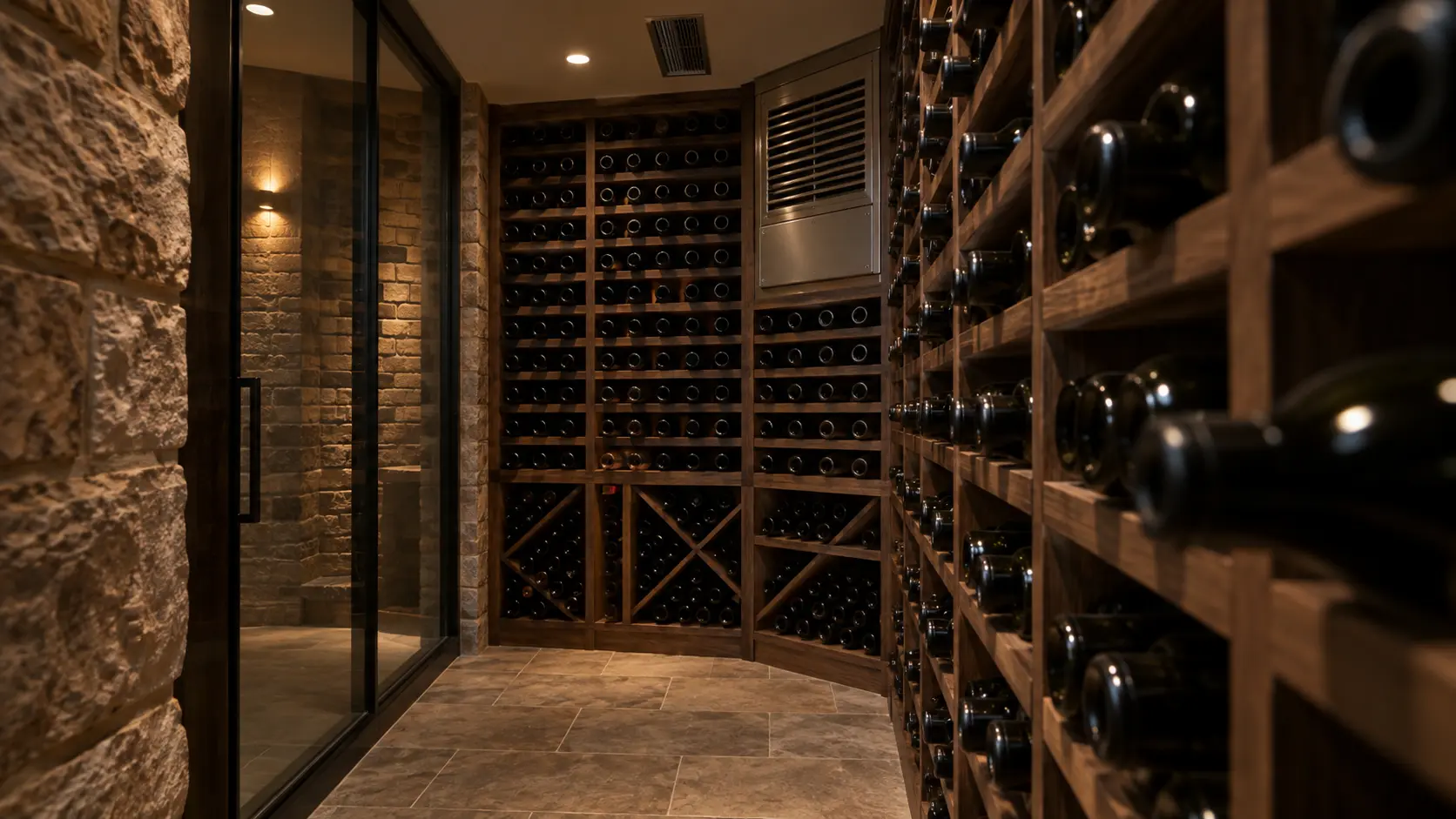A wine cellar with a ceiling supply grille and glass walls, seen close and low along the racks.