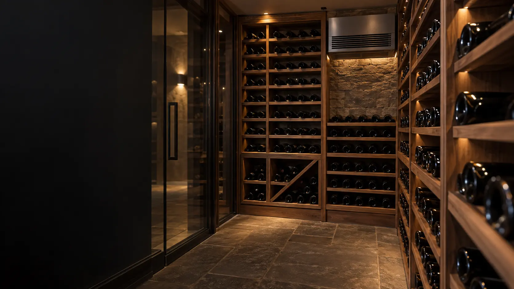 A wine cellar with a wall-mounted evaporator and glass walls, seen close and low along the racks.