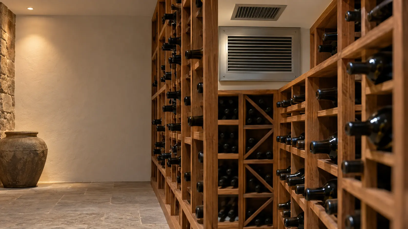 A wine cellar with a ceiling supply grille and white plaster walls, seen close and low along the racks.