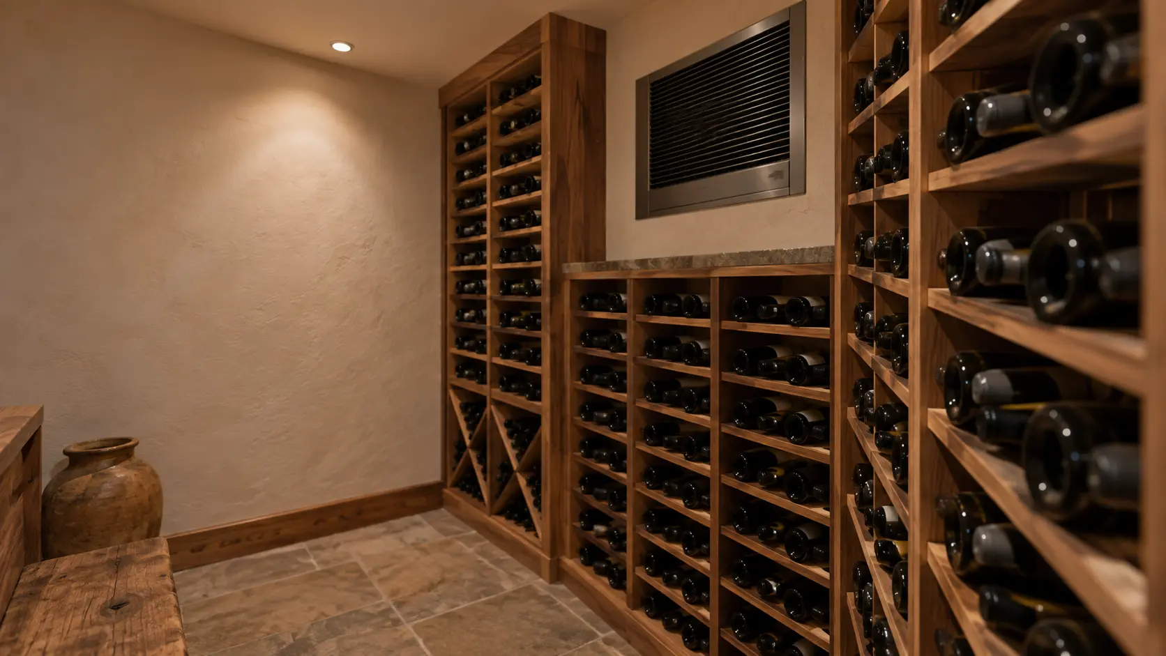 A wine cellar with a through-wall cooling unit and white plaster walls, seen close and low along the racks.