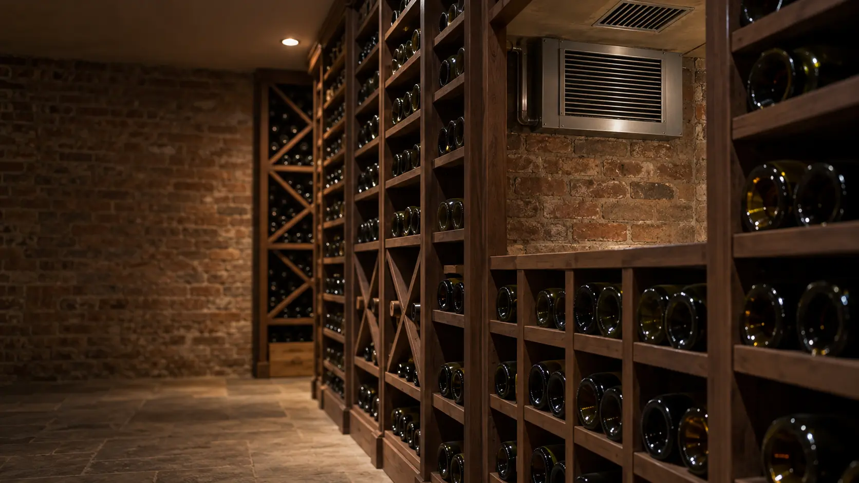 A wine cellar with a ceiling supply grille and brick walls, seen close and low along the racks.