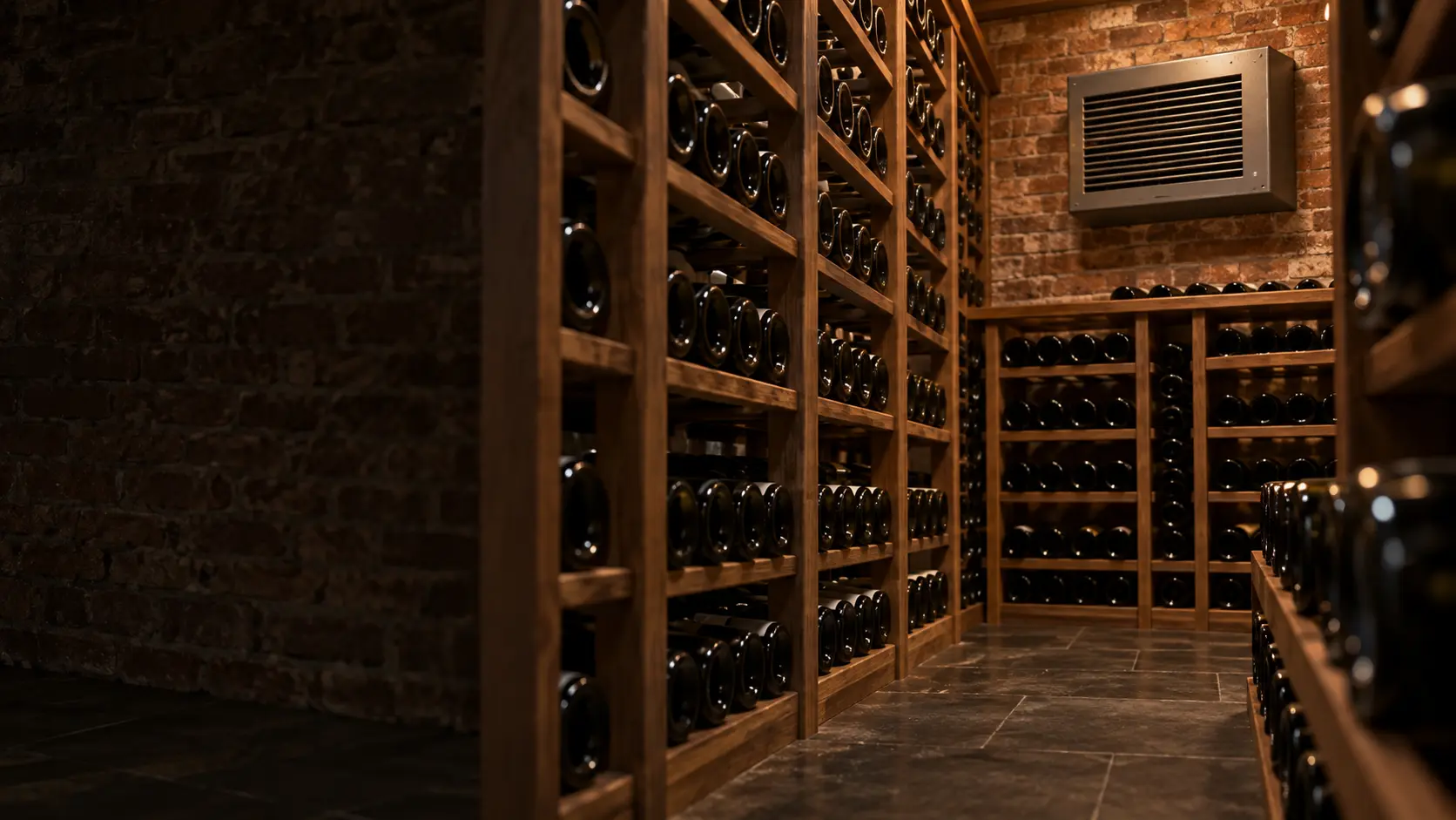 A wine cellar with a through-wall cooling unit and brick walls, seen close and low along the racks.