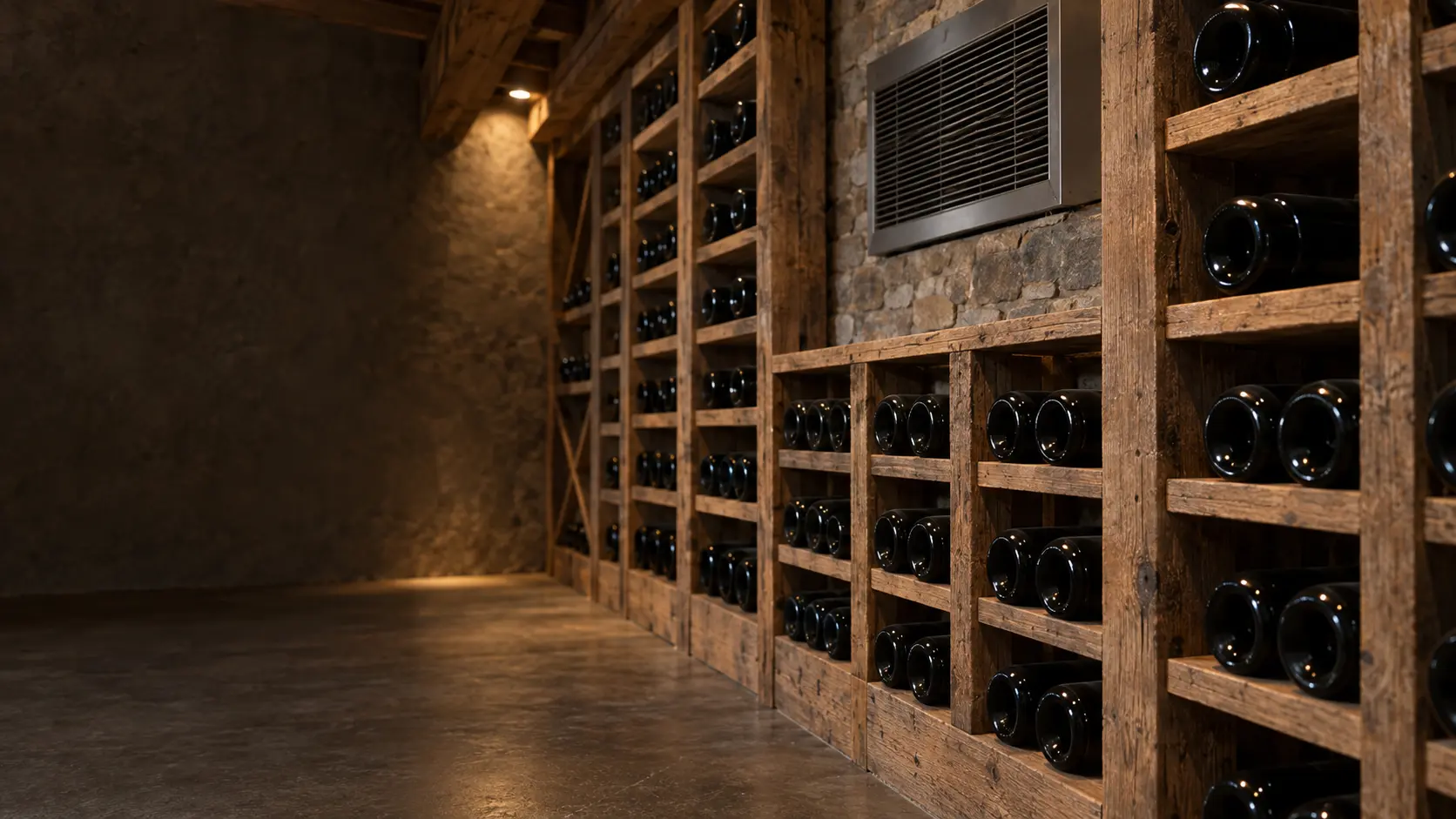 A wine cellar with a through-wall cooling unit and reclaimed timber, seen close and low along the racks.