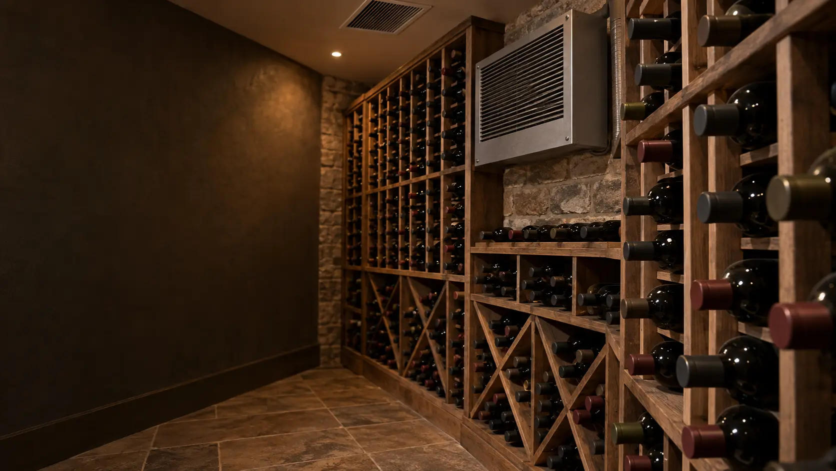 A wine cellar with a ceiling supply grille and glass walls, seen close and low along the racks.