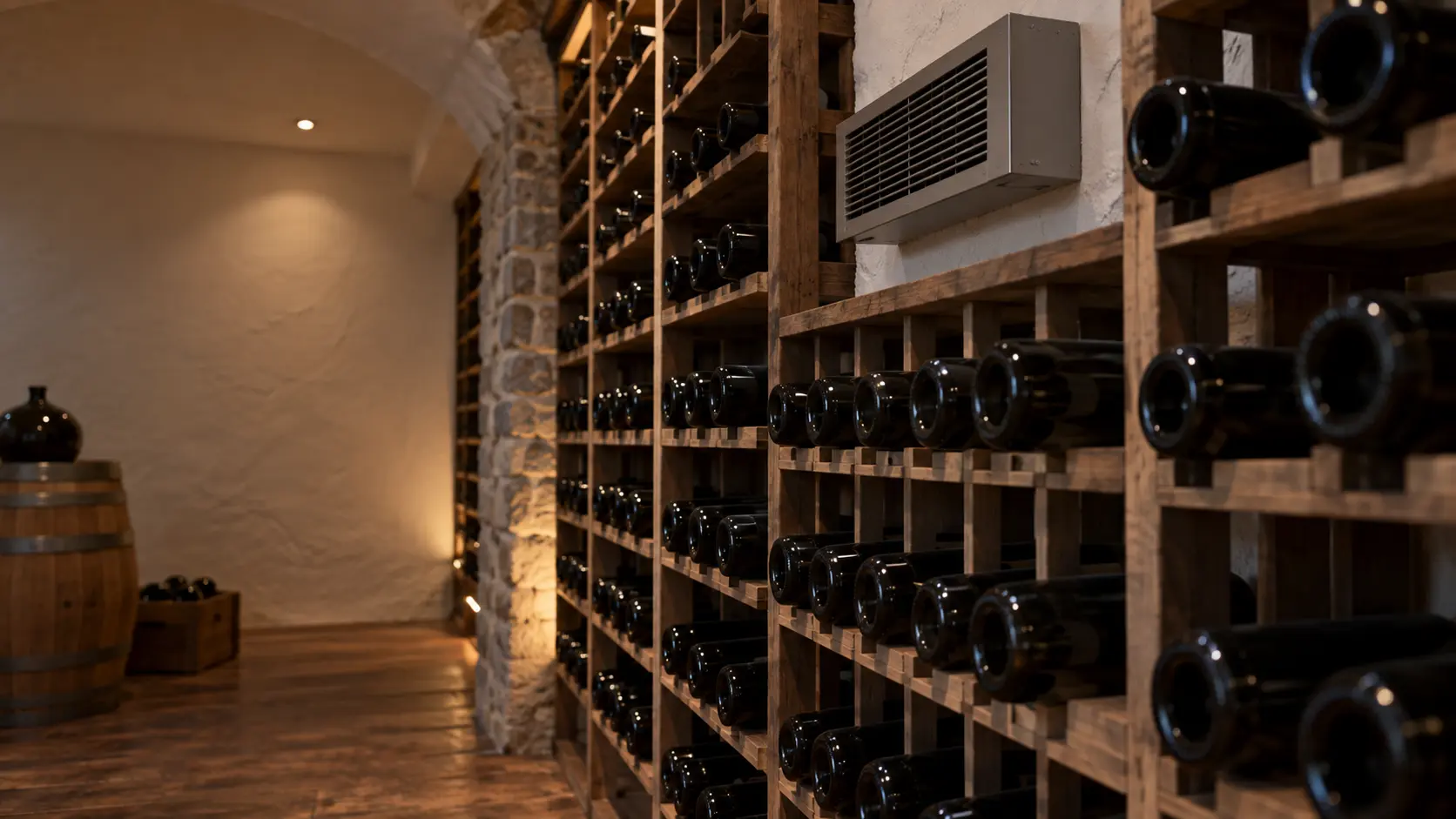 A wine cellar with a wall-mounted evaporator and white plaster walls, seen close and low along the racks.