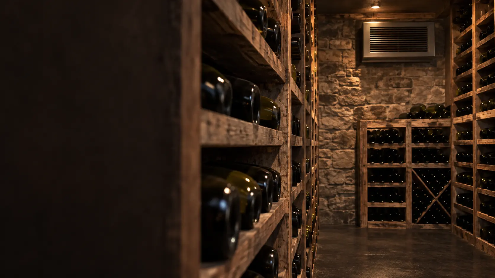 A wine cellar with a through-wall cooling unit and reclaimed timber, seen close and low along the racks.