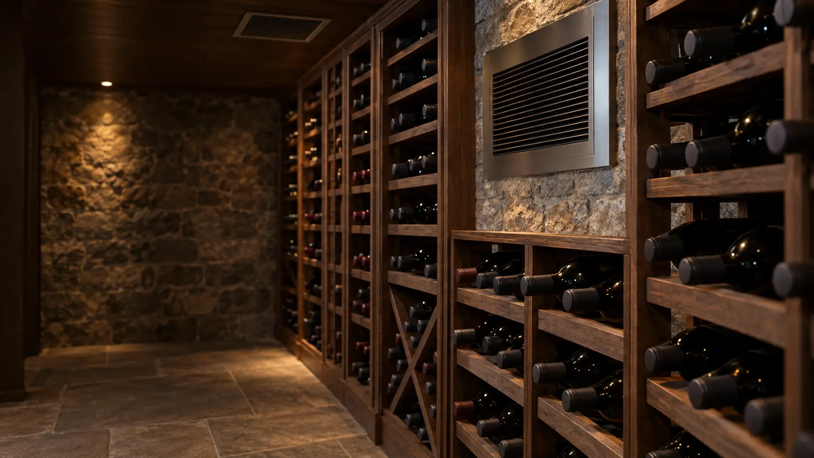 A wine cellar with a ceiling supply grille and stone walls, seen close and low along the racks.