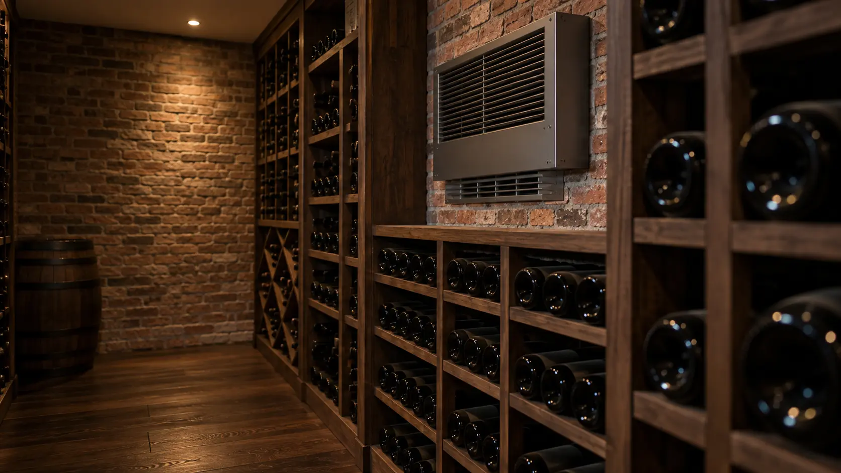 A wine cellar with a through-wall cooling unit and brick walls, seen close and low along the racks.