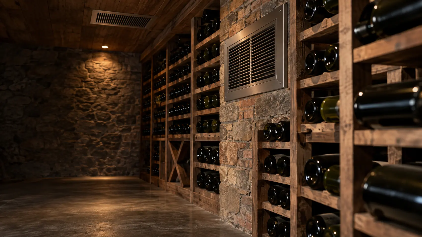A wine cellar with a ceiling supply grille and reclaimed timber, seen close and low along the racks.