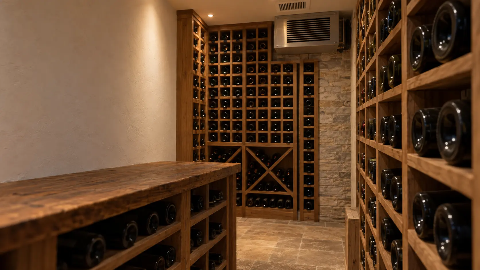 A wine cellar with a wall-mounted evaporator and white plaster walls, seen close and low along the racks.