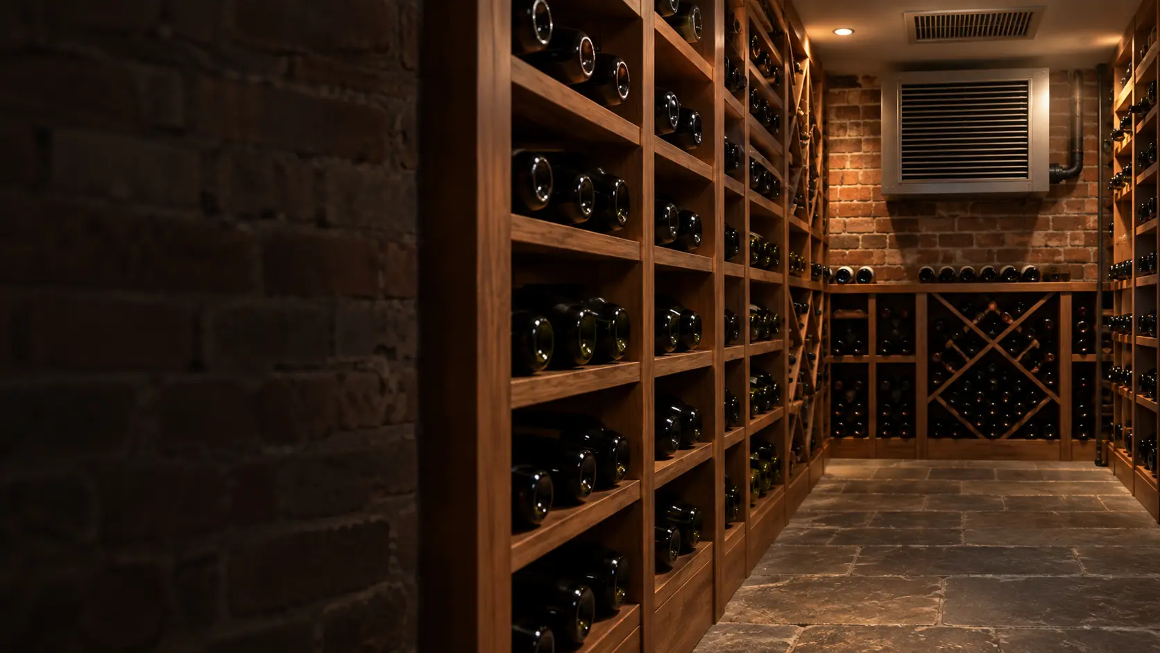 A wine cellar with a ceiling supply grille and brick walls, seen close and low along the racks.