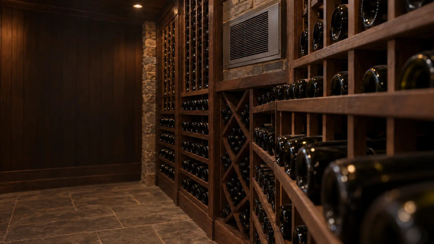 A wine cellar with a through-wall cooling unit and dark wood paneling, seen close and low along the racks.