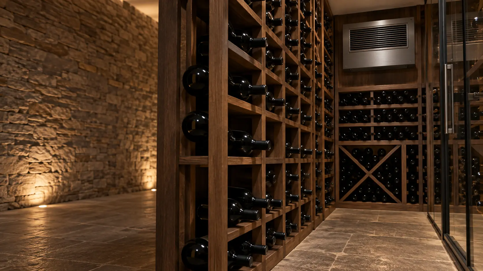 A wine cellar with a wall-mounted evaporator and glass walls, seen close and low along the racks.
