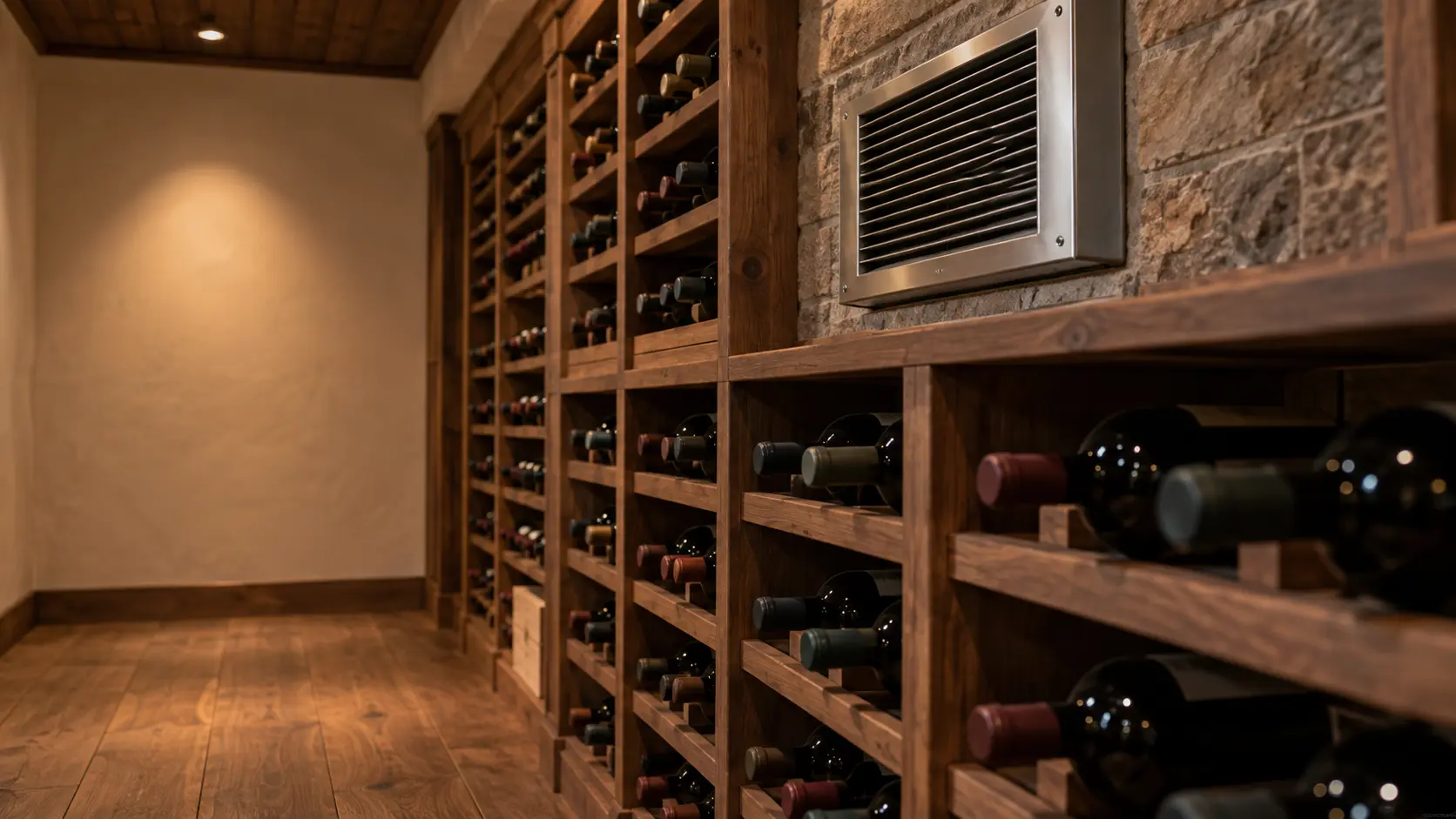 A wine cellar with a through-wall cooling unit and white plaster walls, seen close and low along the racks.