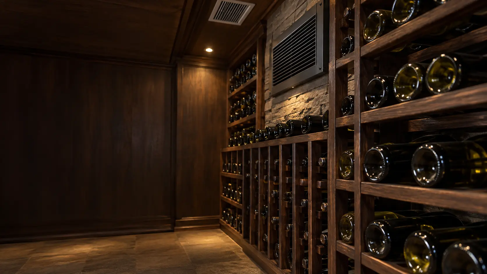 A wine cellar with a ceiling supply grille and dark wood paneling, seen close and low along the racks.