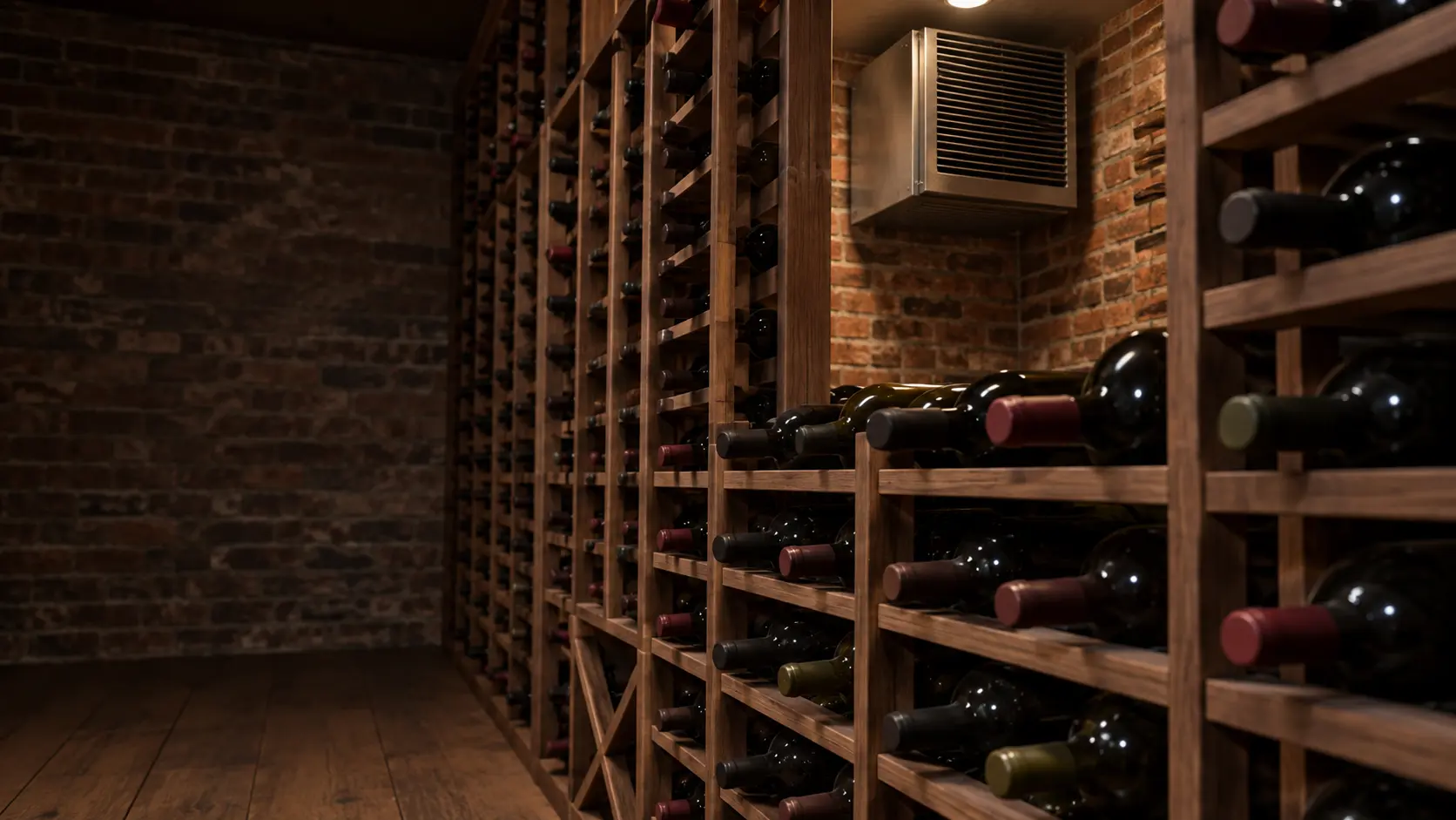 A wine cellar with a wall-mounted evaporator and brick walls, seen close and low along the racks.