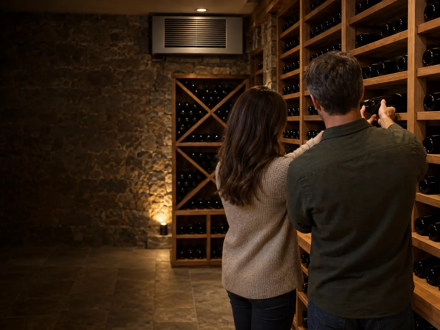 A couple lifting a bottle from a lit stone-walled wine cellar, the cooling unit's grille high on the far wall