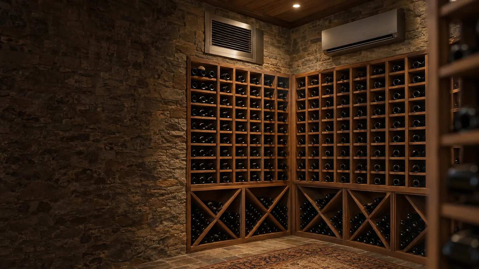 A through-the-wall cellar unit and a slim split evaporator shown on two cellar walls side by side.