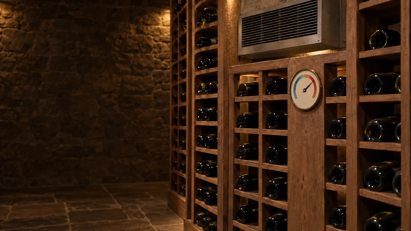 A thermometer on a rack in a wine cellar reading warm, the cooling unit's grille above it.