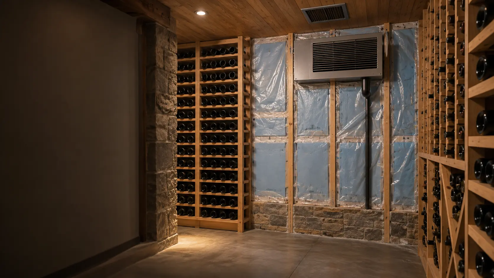 Rigid foam insulation and a plastic vapor barrier sheet on the framed walls of an unfinished wine cellar.
