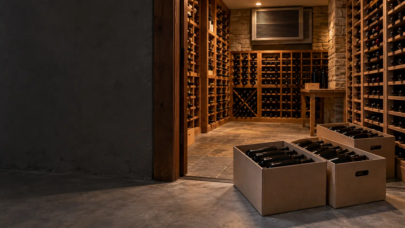 Bottles laid in cardboard cases on a cool basement floor outside a warm wine cellar.