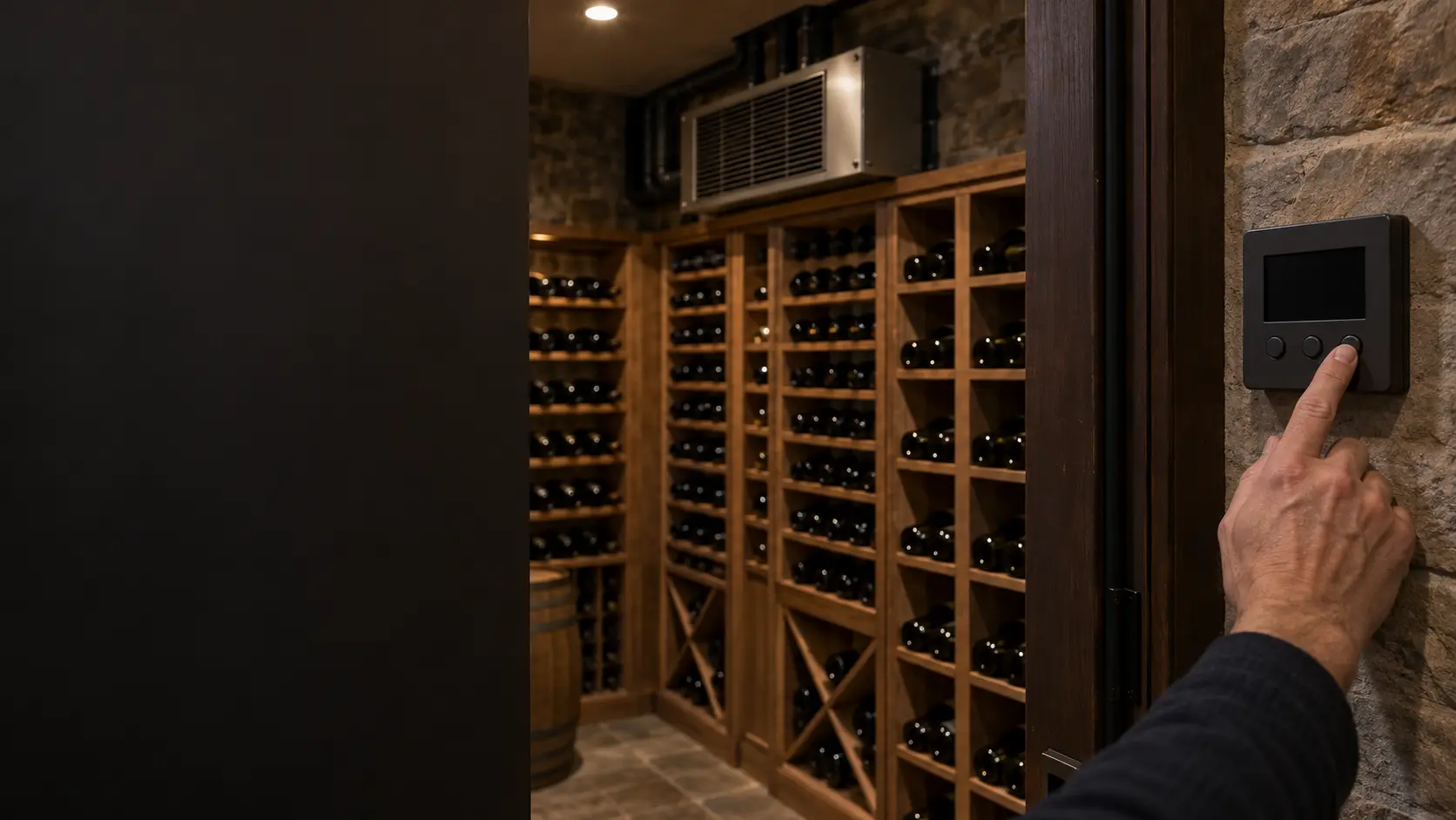 A hand pressing a key on a small cellar cooling controller beside the cellar door, the display dark.