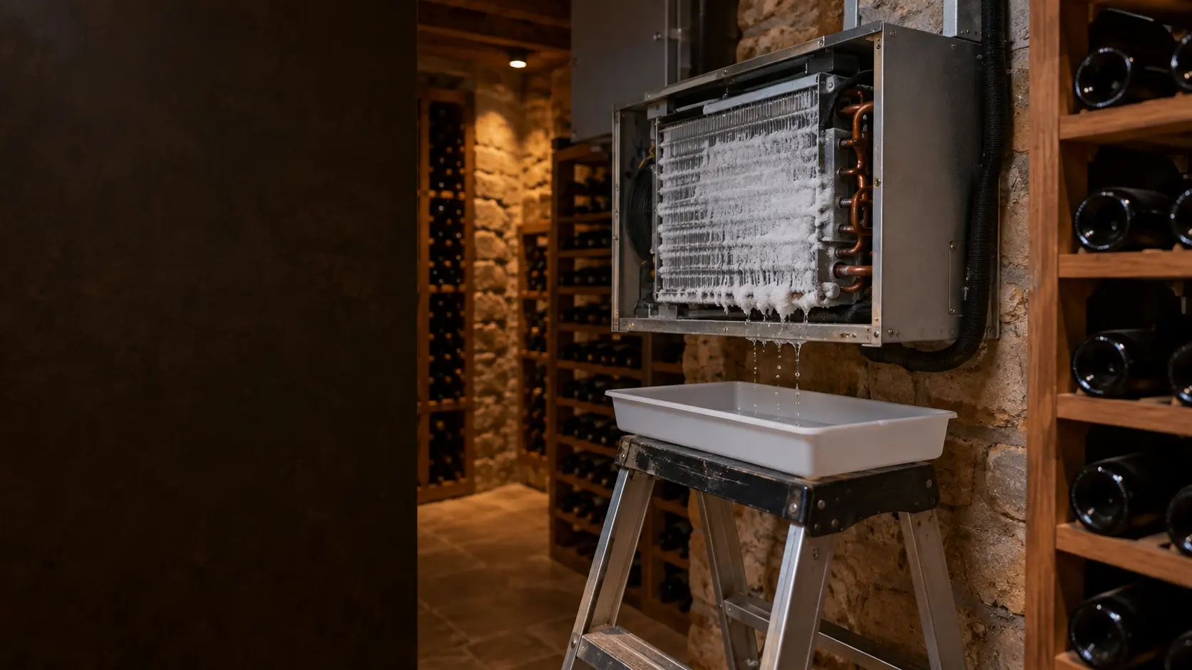 A close view of the open cellar side of a wine cellar cooling unit with a layer of white frost across its aluminum coil fins, a shallow plastic tray on a stepladder below it catching drips, in a stone-walled US home wine cellar with racks of wine bottles at the edge of the frame.