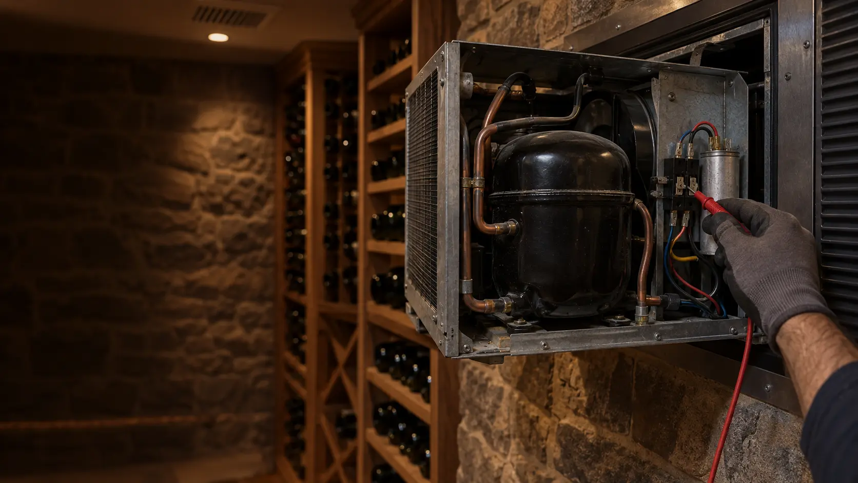 A close view of an open wine cellar cooling unit pulled from its wall sleeve on the exhaust side of a US home wine cellar, showing a black compressor, copper tubing and a start capacitor, a technician's gloved hand holding a meter probe to a terminal.