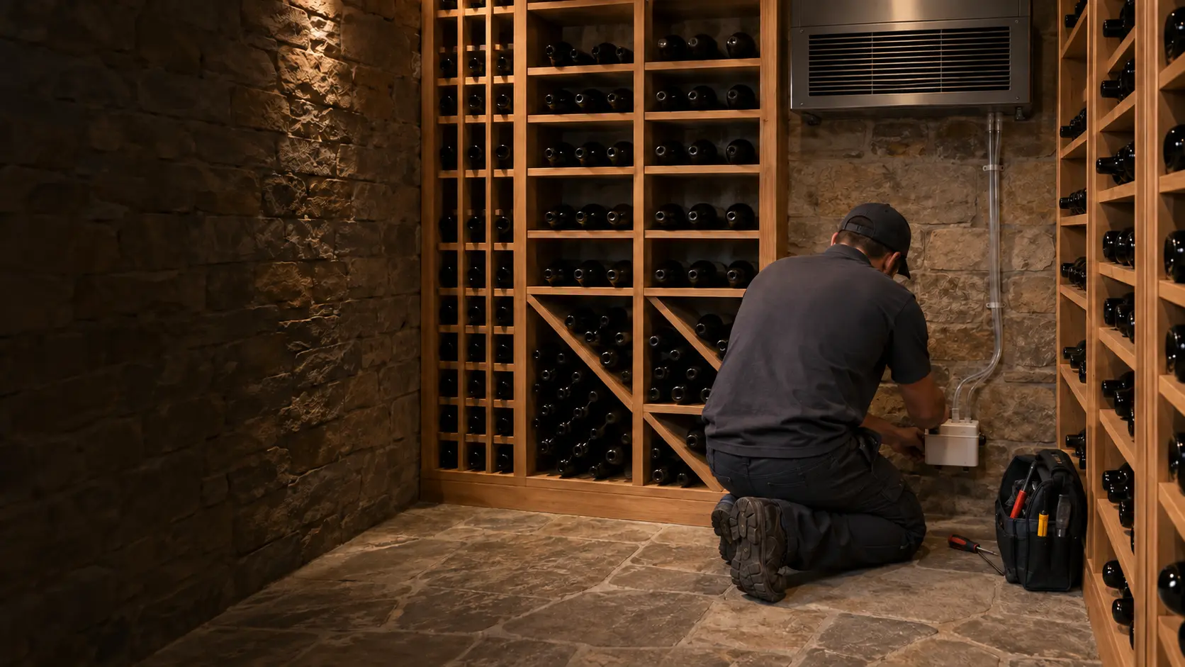 A technician kneeling on a dry stone floor in a US home wine cellar replacing a small white condensate pump fixed low on the wall beneath a wall-mounted cellar cooling unit, clear tubing running up to the unit, wooden racks of wine bottles beside him.