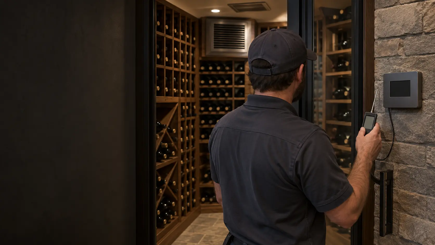A technician holding a reference probe thermometer beside a small blank wall-mounted cellar controller next to the glass door of a US home wine cellar, dark wood racks of wine bottles visible through the glass, soft warm lighting on any screen.