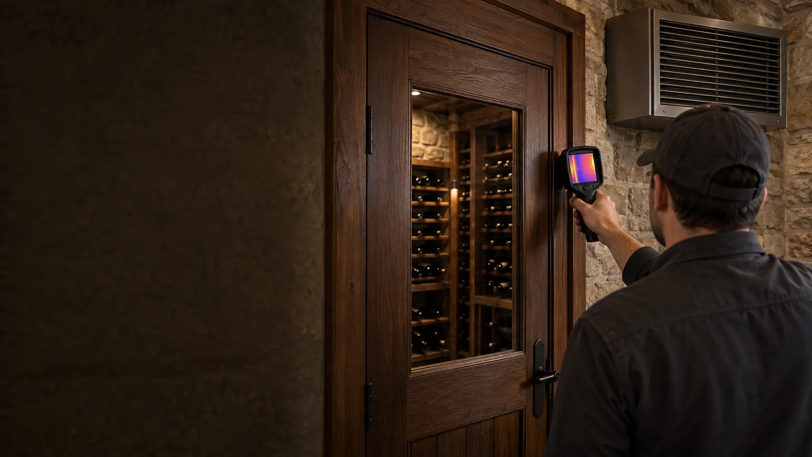 A technician holding a thermal camera up to the edge of a closed exterior-grade wooden wine cellar door in a US home, looking at its seal, the dark wooden racks of wine bottles visible through a small glass pane, a cooling unit grille high on the wall beside the door on the camera screen.