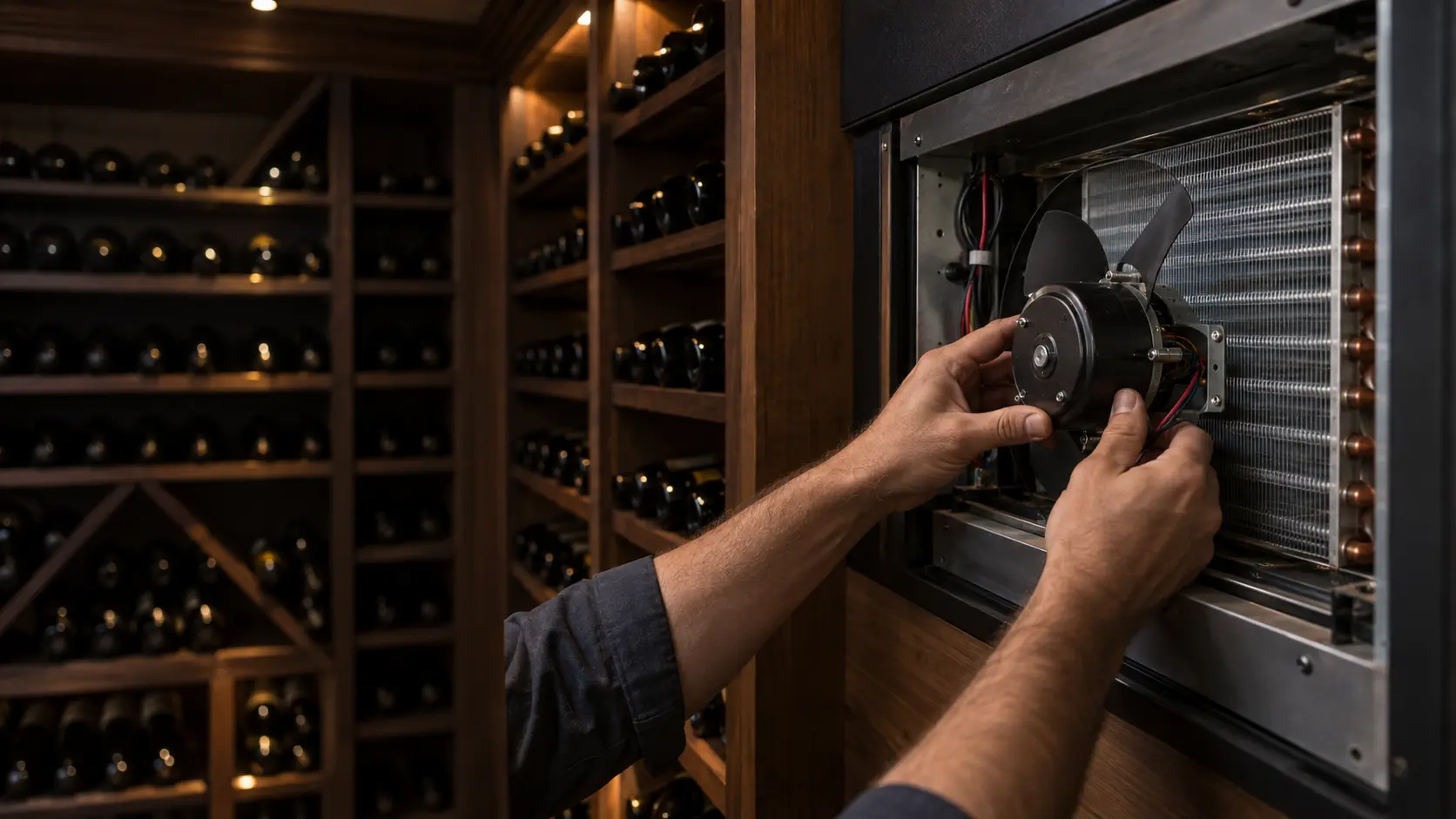 A technician's hands fitting a new fan motor into the open cellar side of a wine cellar cooling unit, the aluminum coil fins visible behind it, set in a wood-paneled US home wine cellar with dark racks of wine bottles softly out of focus.