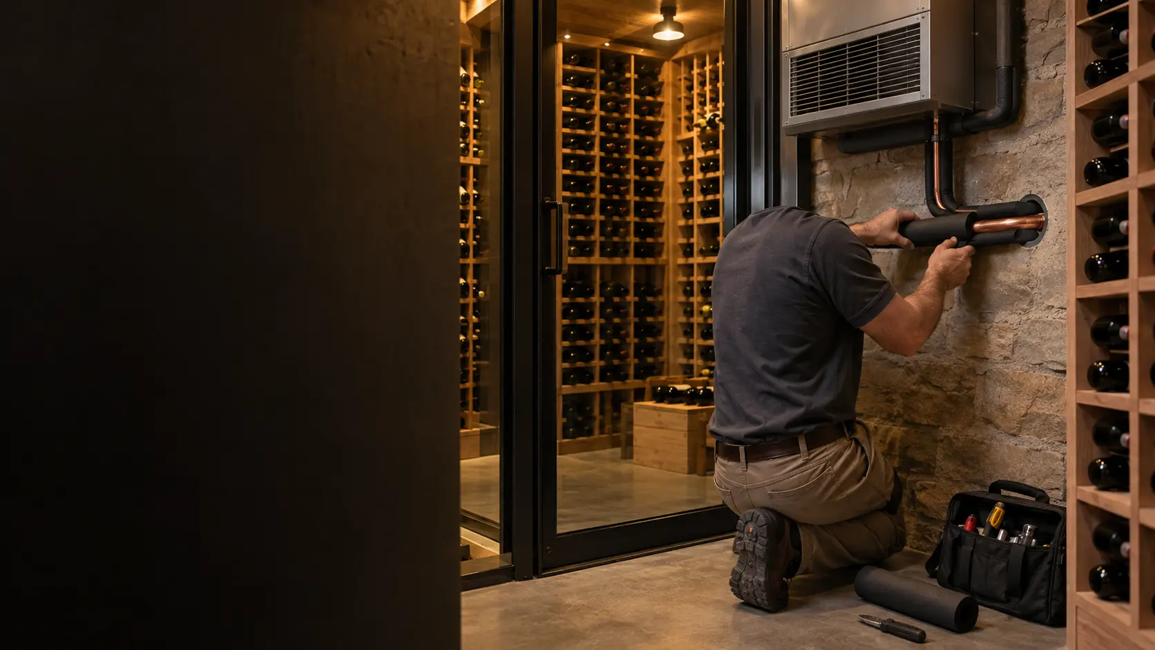 A technician wrapping new black foam insulation around a copper line where it passes through the wall of a US home basement next to a wine cellar, the cellar's glass door and wooden racks of wine bottles visible beside him, a small tool bag on the concrete floor.