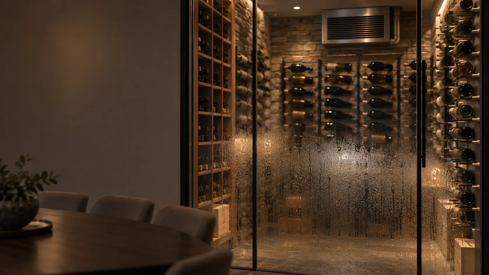 A modern glass-walled wine cellar seen from the dining room side, fine fog and beads of condensation across the lower half of the tall glass panel, racks of unlabeled bottles on metal pegs blurred behind it.