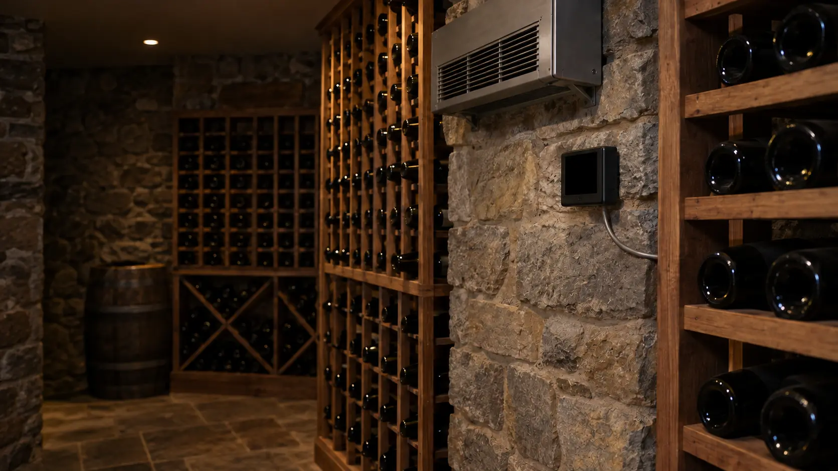 A slim wall-mounted cellar cooling controller on a stone wine cellar wall, its screen dark and blank, a thin gray cable running from it along the edge of a wooden rack of unlabeled bottles.