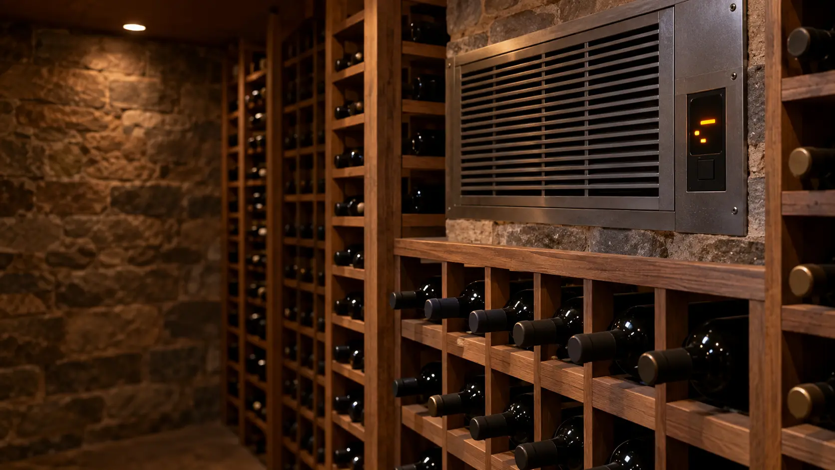 The small controller panel on the cellar side of a through-the-wall cooling unit, its display glowing with abstract amber segments beside the slotted supply grille, the top row of a wooden wine rack with unlabeled bottles just below.