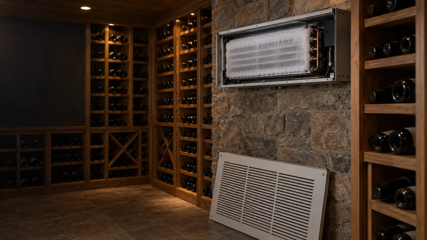 The cellar-side grille of a wall-mounted split evaporator in a wine cellar, removed and leaning below it, revealing a thin aluminum coil coated in white frost, wooden racks of unlabeled bottles on the adjoining wall.