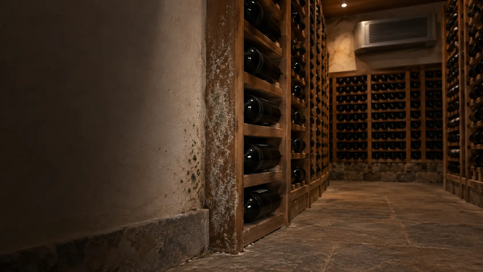 The lower corner of a wine cellar where a wooden rack post meets a plastered wall, fine pale spots of mold on the wood grain and darker specks along the plaster, unlabeled bottles resting in the rack slots.