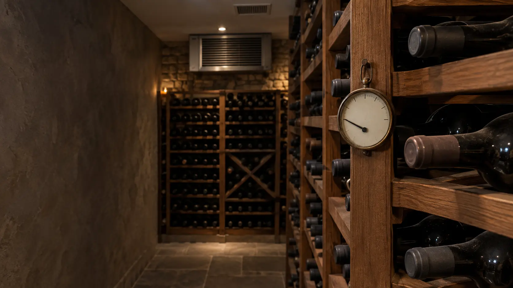 A small analog hygrometer hanging on the end of a wooden wine rack in a cellar, its needle low on an dial, unlabeled bottles with dull dry-looking capsules lying in the rack beside it and a plastered wall behind.