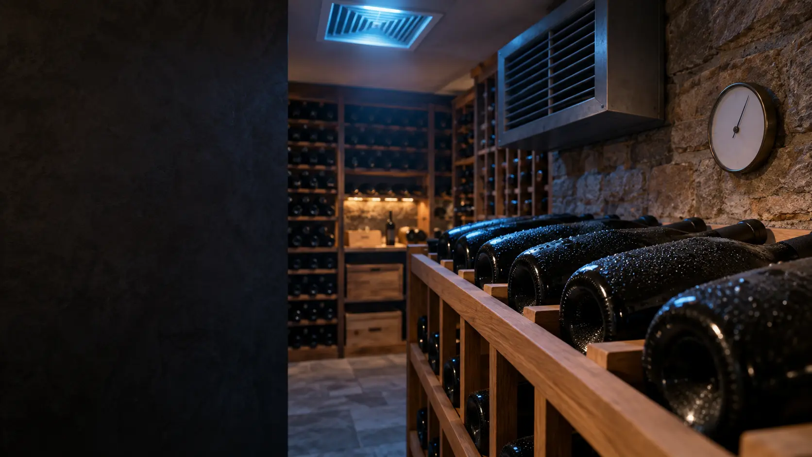 Several unlabeled dark wine bottles lying on a wooden rack in a cellar, their glass beaded with fine droplets of condensation, a small wall-mounted thermometer with a blank face behind them and cool bluish light from a ceiling grille above.