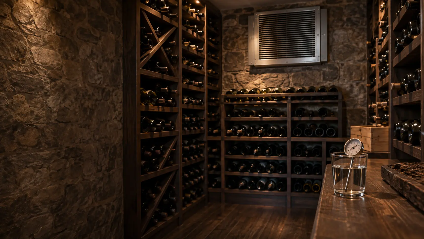 A small stone-walled wine cellar with dark wooden racks full of unlabeled bottles lying on their sides, a through-the-wall cooling unit grille set high on the far wall and a round dial thermometer standing in a glass of water on a tasting shelf in front.