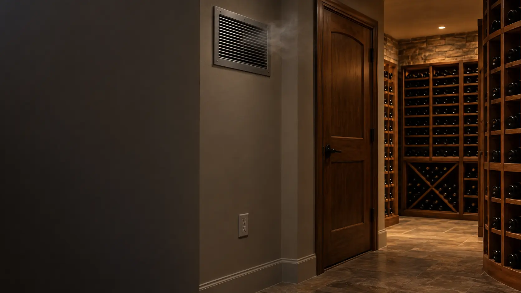 The exhaust side of a through-the-wall cellar cooling unit seen in a plain utility room, its louvered grille set into the drywall above a wall outlet with a faint thin wisp of haze drifting from the grille, a closed wooden door to the cellar beside it.