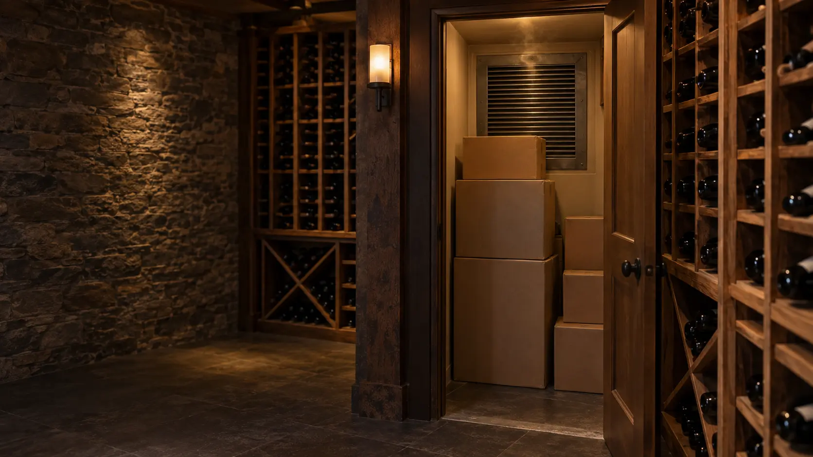 A narrow storage closet with its door wide open, the louvered exhaust grille of a through-the-wall cellar cooling unit set into its back wall, stacked cardboard boxes pressed close in front of the grille and a faint heat shimmer in the air.