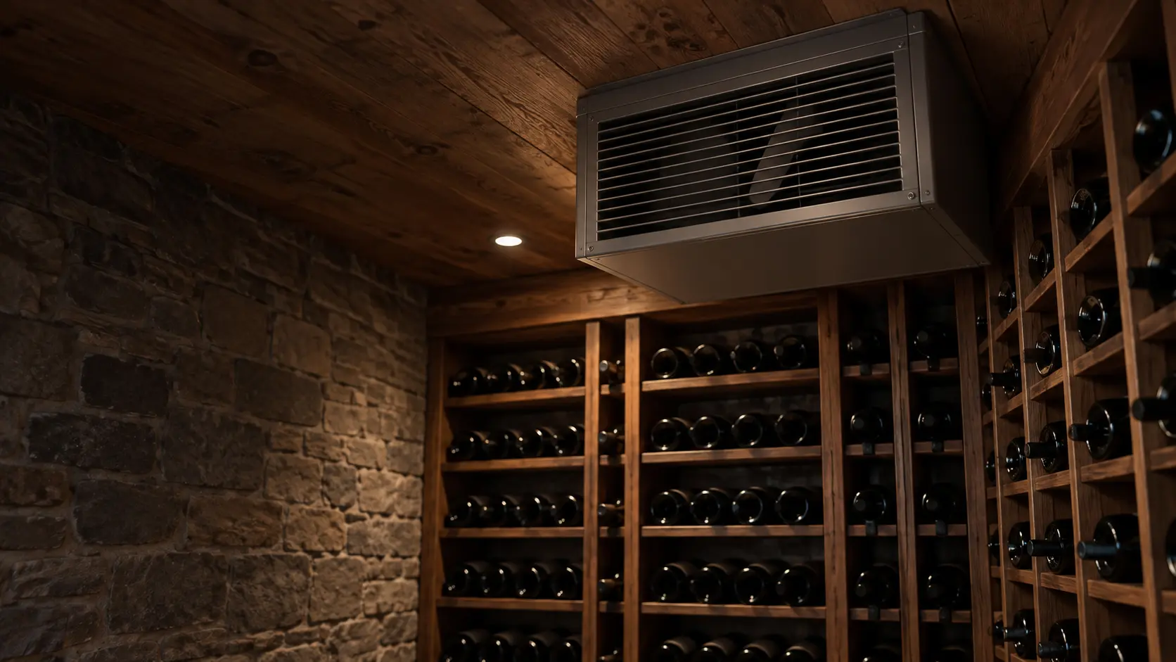 A ceiling-mounted cellar cooling unit set into the wooden ceiling of a wine cellar, its slotted grille seen from below with a still fan blade visible in the shadow behind, rows of unlabeled bottles in racks along the walls below it.