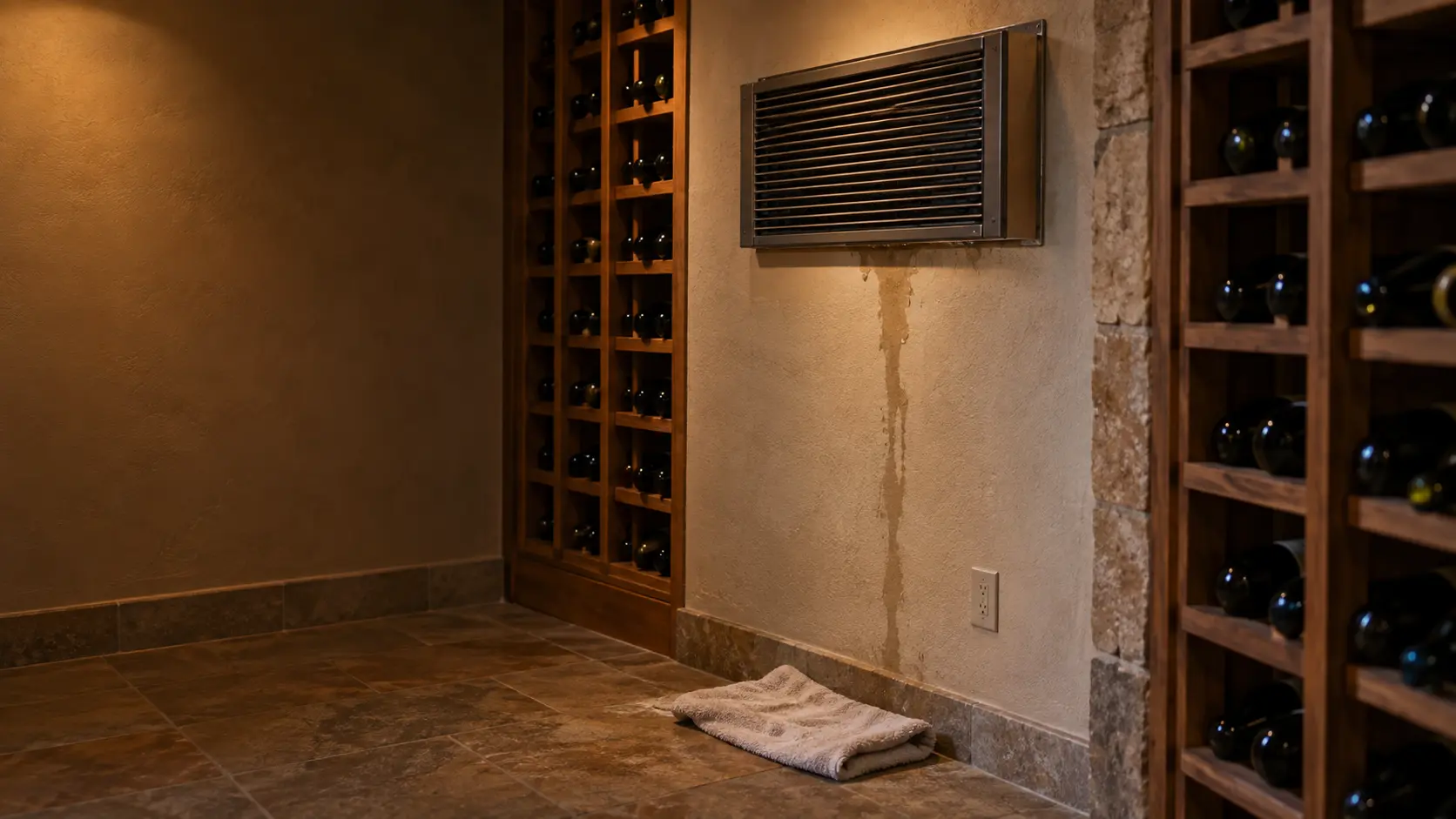 The cellar-side grille of a through-the-wall cooling unit high on a plastered wine cellar wall, a dark wet streak running down the plaster below it toward a wall outlet, wooden racks of unlabeled bottles along the side wall and a folded towel on the tile floor.