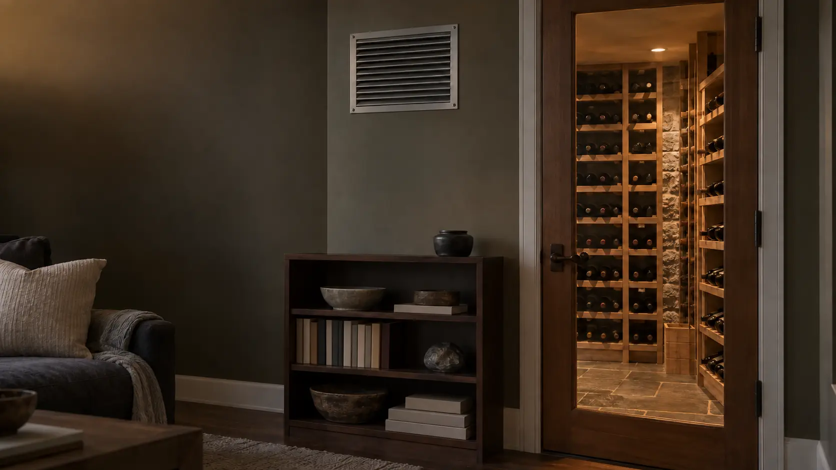 The exhaust side of a through-the-wall cellar cooling unit in a finished family room, its louvered grille set into a painted wall above a low bookshelf, a closed glass-paneled door to the lit wine cellar beside it showing racks of unlabeled bottles.